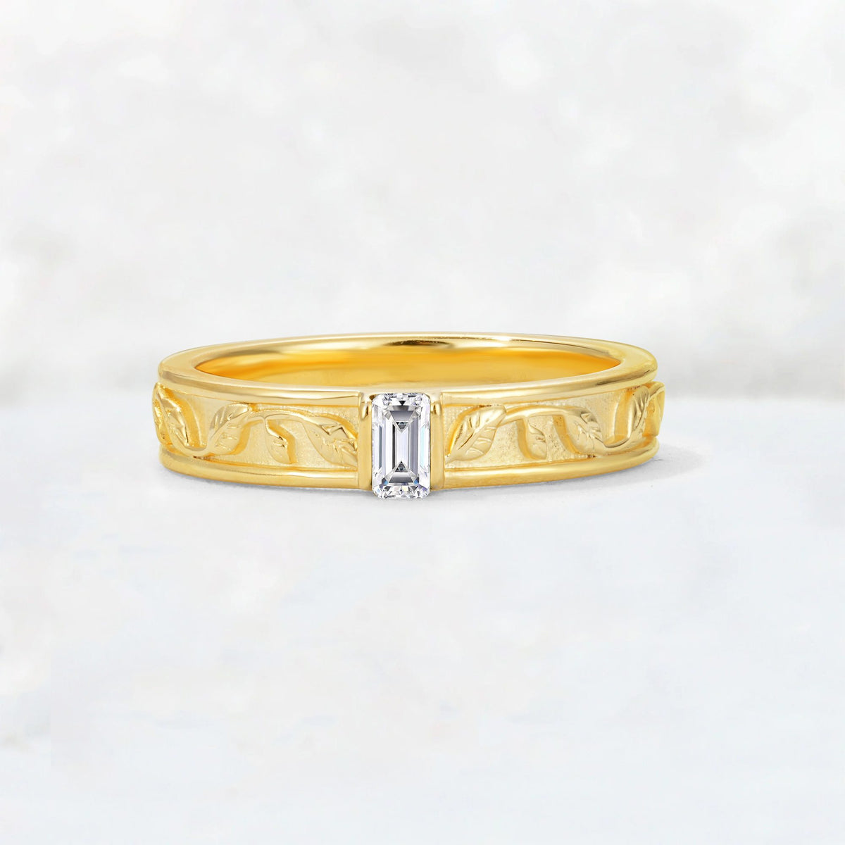 Emerald Cut Lab Diamond Bezel-Set Leaf Engraved Wedding Band - Additional view