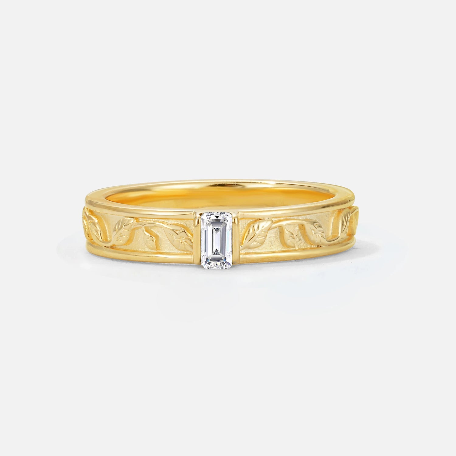 Emerald Cut Lab Diamond Bezel-Set Leaf Engraved Wedding Band - Additional view