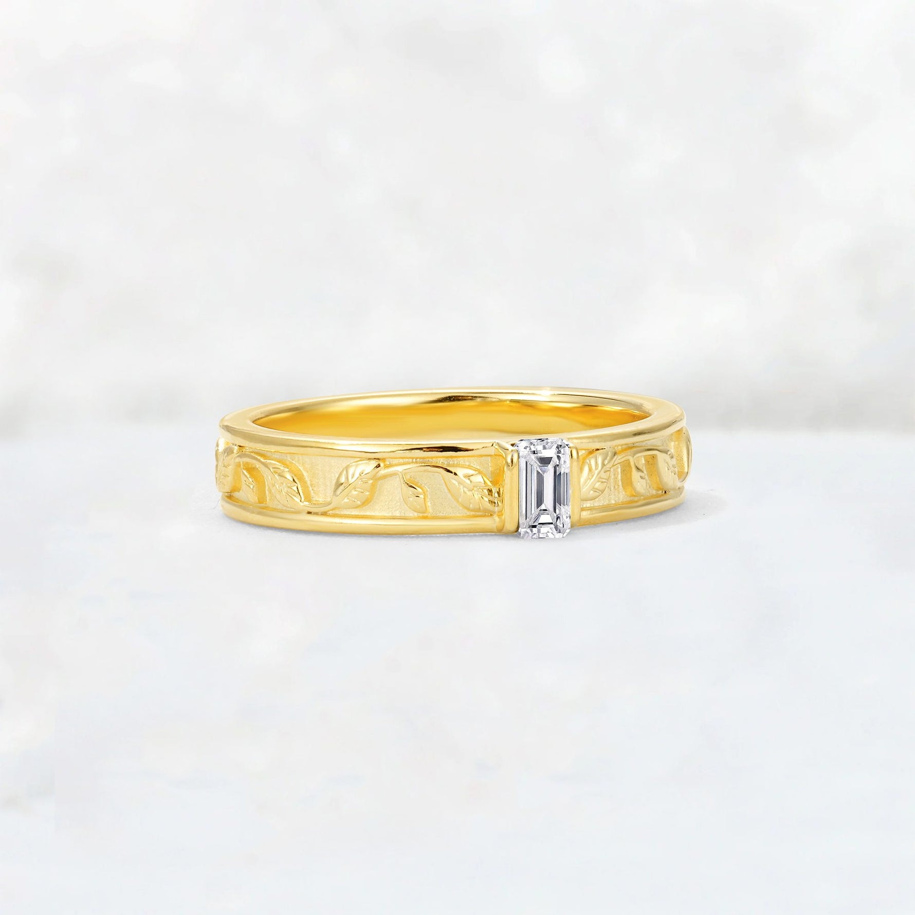 Emerald Cut Lab Diamond Bezel-Set Leaf Engraved Wedding Band - Additional view