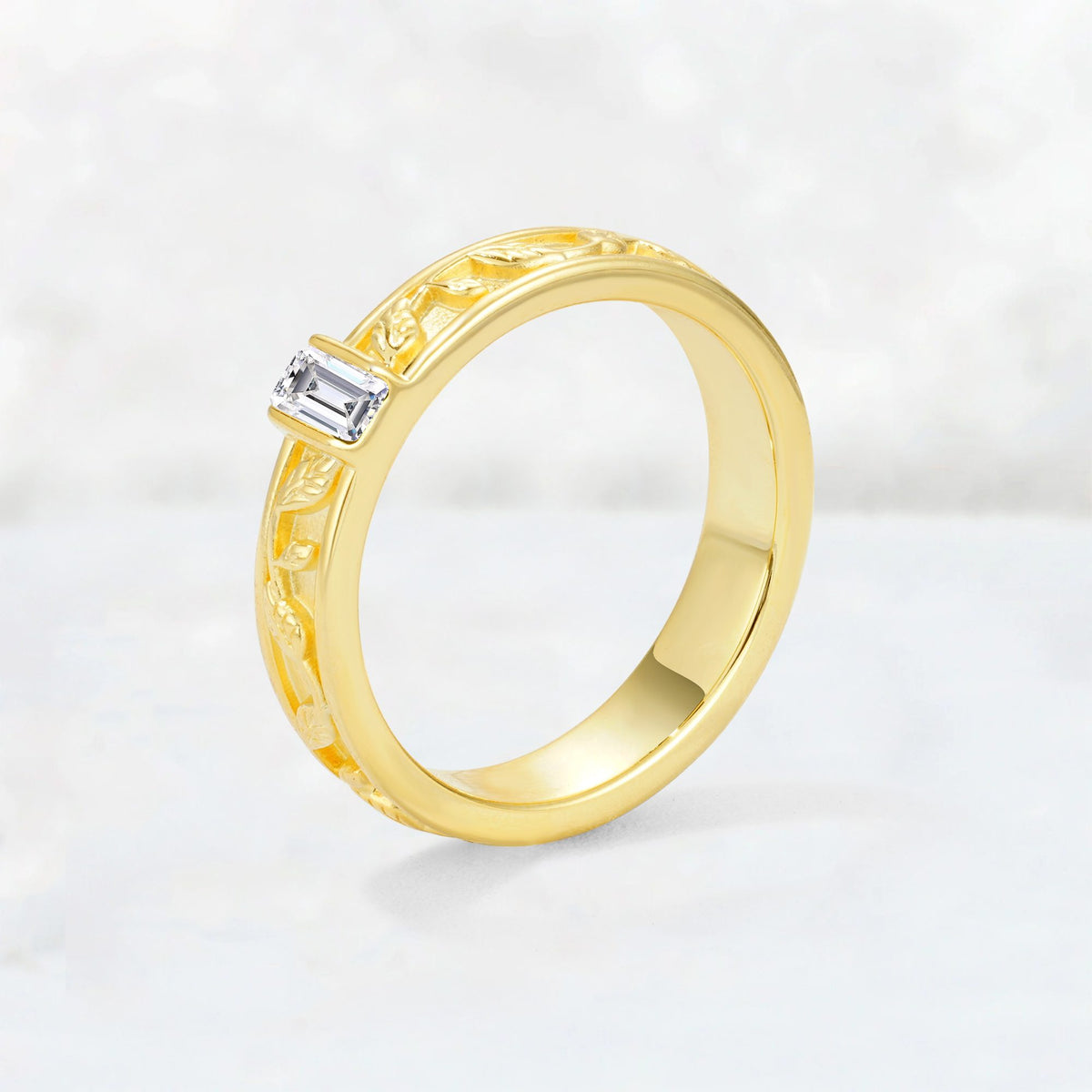 Emerald Cut Lab Diamond Bezel-Set Leaf Engraved Wedding Band - Additional view