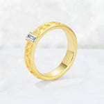 Emerald Cut Lab Diamond Bezel-Set Leaf Engraved Wedding Band - Additional view