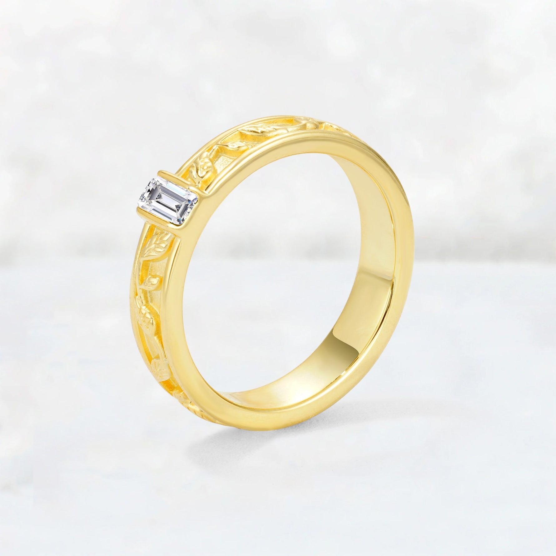 Emerald Cut Lab Diamond Bezel-Set Leaf Engraved Wedding Band - Additional view