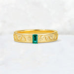 Emerald Cut Emerald Bezel-Set Leaf Engraved Wedding Band - Additional view