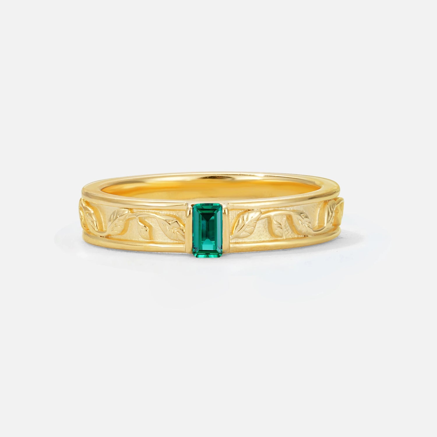 Emerald Cut Emerald Bezel-Set Leaf Engraved Wedding Band - Additional view