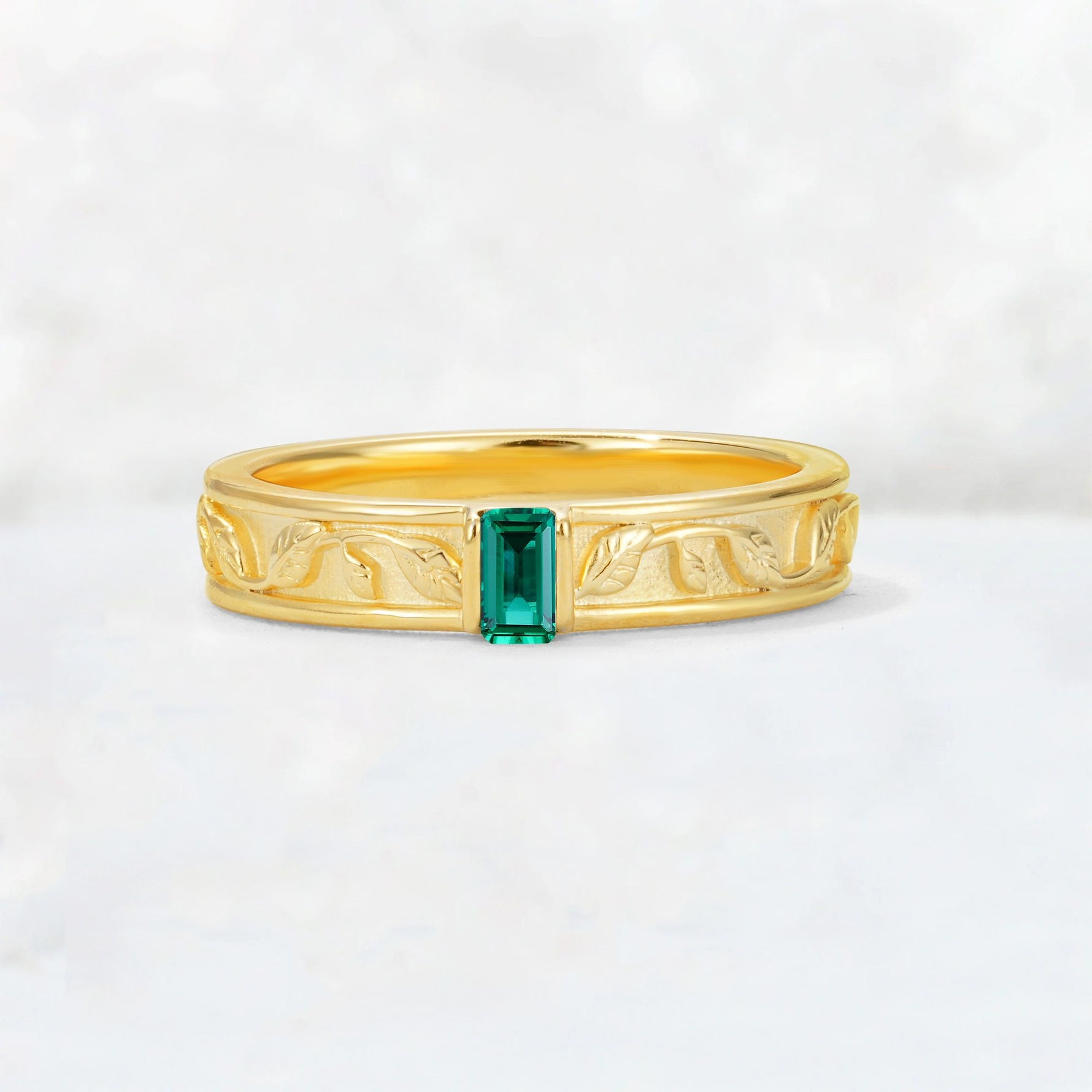 Emerald Cut Emerald Bezel-Set Leaf Engraved Wedding Band - Additional view