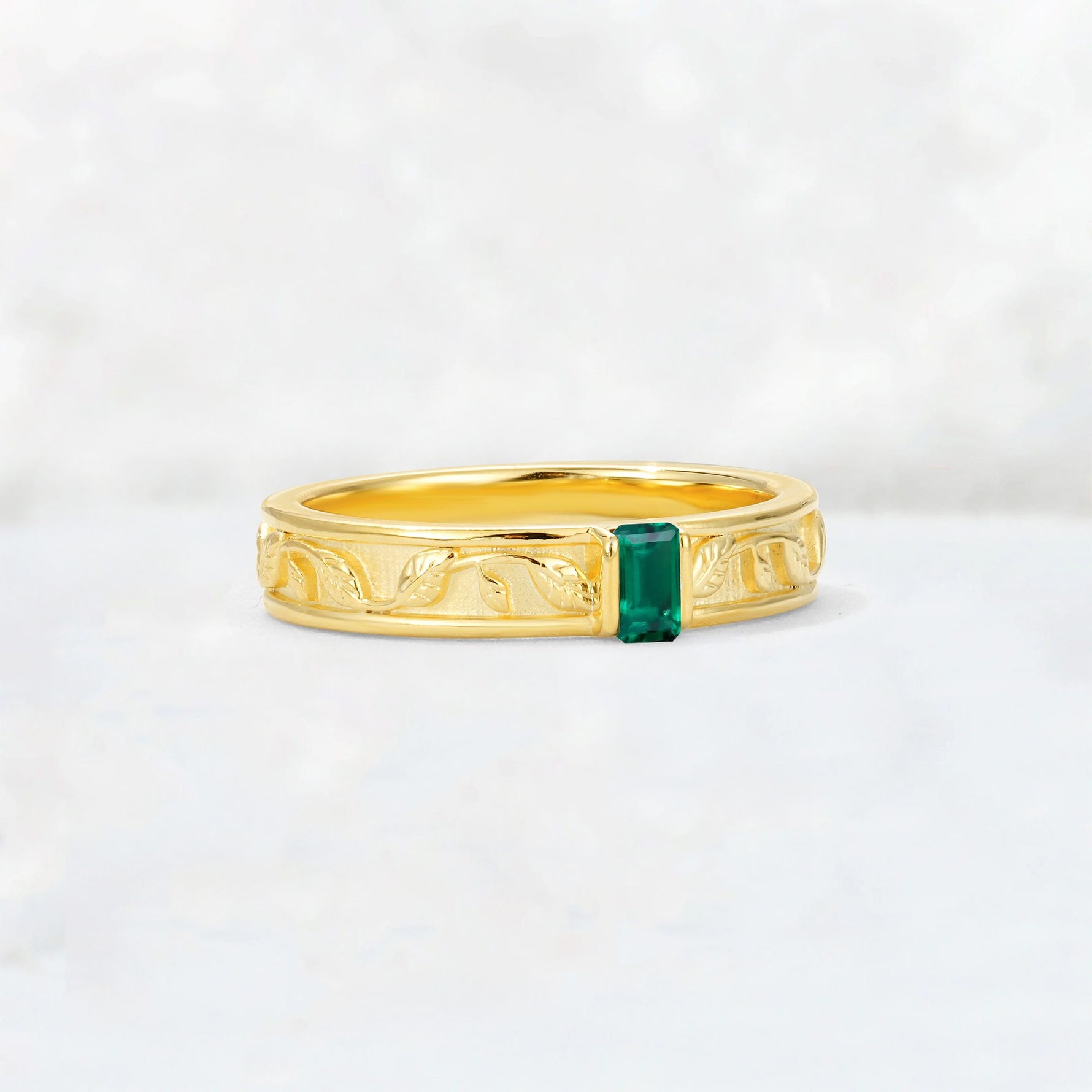 Emerald Cut Emerald Bezel-Set Leaf Engraved Wedding Band - Additional view