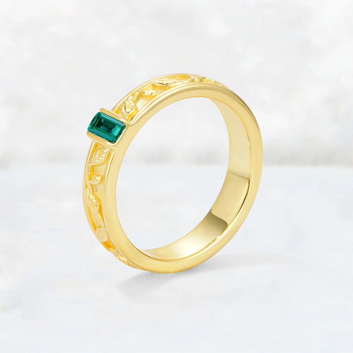 Emerald Cut Emerald Bezel-Set Leaf Engraved Wedding Band - Additional view