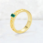 Emerald Cut Emerald Bezel-Set Leaf Engraved Wedding Band - Additional view