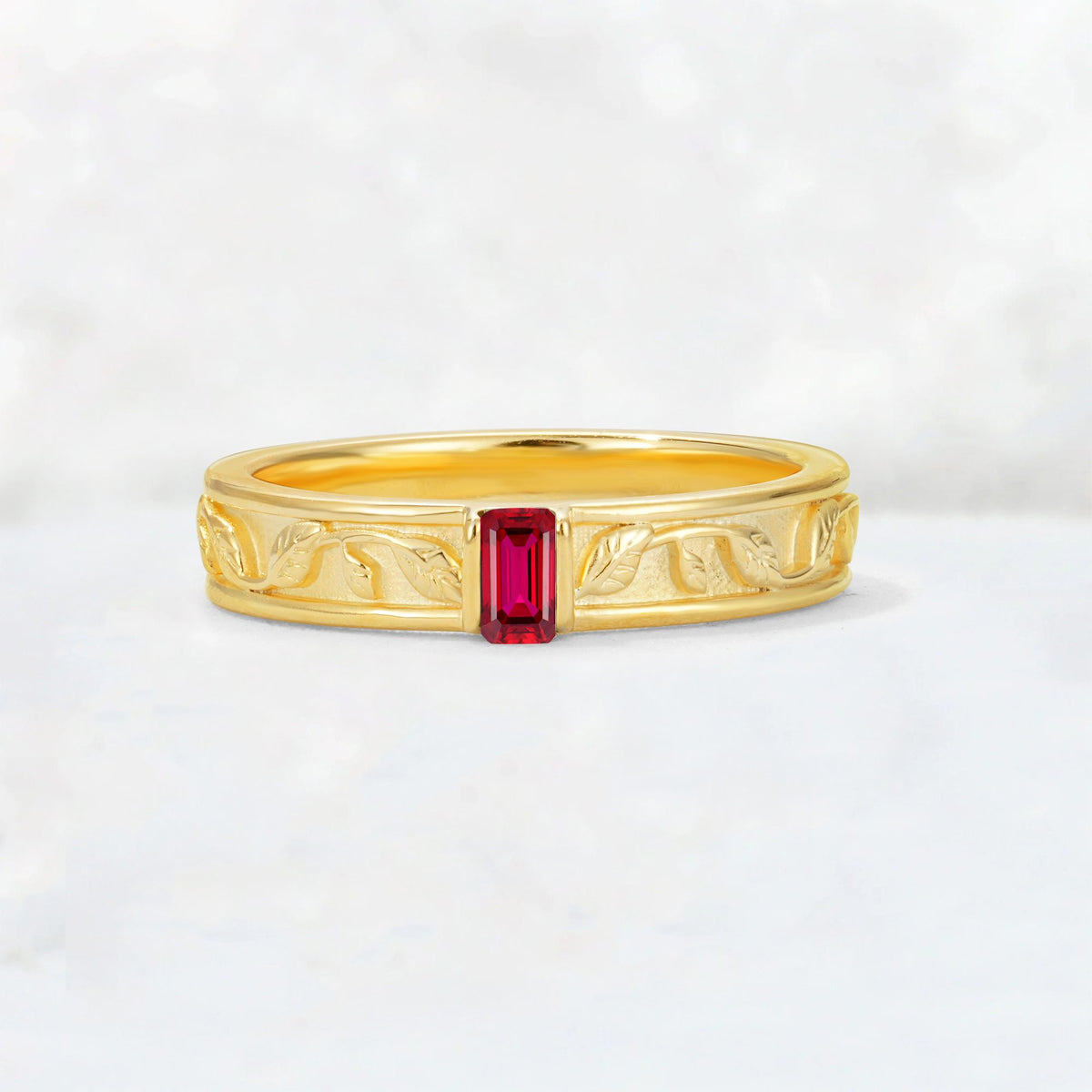 Emerald Cut Ruby Bezel-Set Leaf Engraved Wedding Band - Additional view