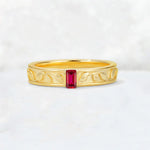 Emerald Cut Ruby Bezel-Set Leaf Engraved Wedding Band - Additional view