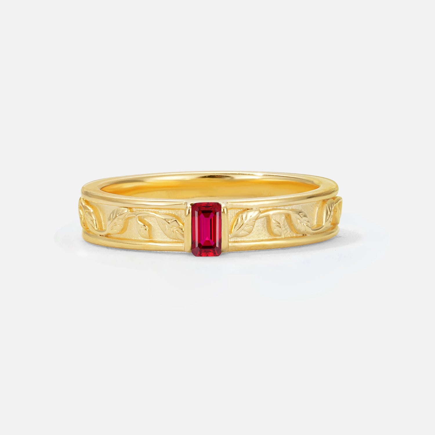 Emerald Cut Ruby Bezel-Set Leaf Engraved Wedding Band - Additional view