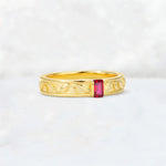 Emerald Cut Ruby Bezel-Set Leaf Engraved Wedding Band - Additional view
