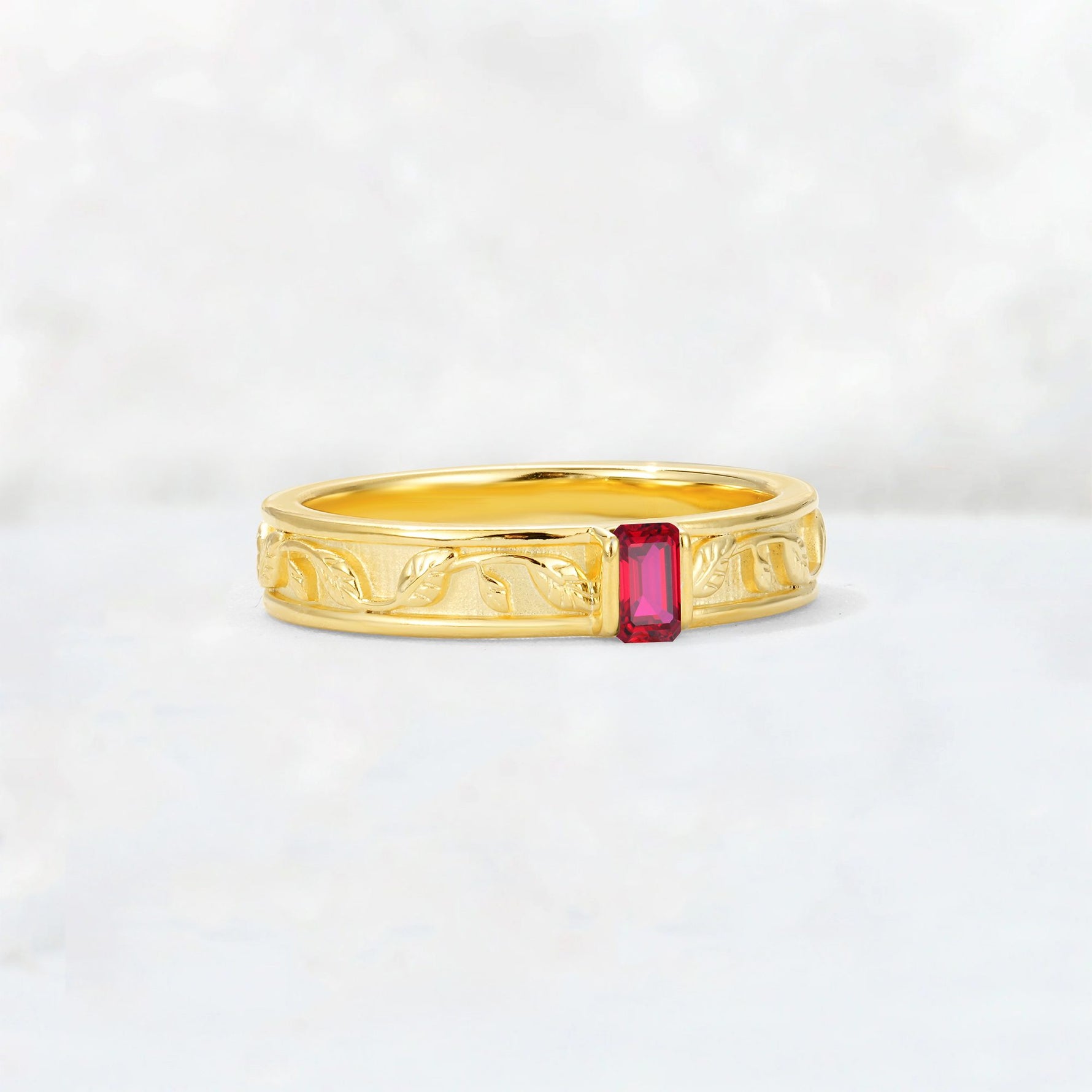 Emerald Cut Ruby Bezel-Set Leaf Engraved Wedding Band - Additional view