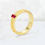 Emerald Cut Ruby Bezel-Set Leaf Engraved Wedding Band - Additional view