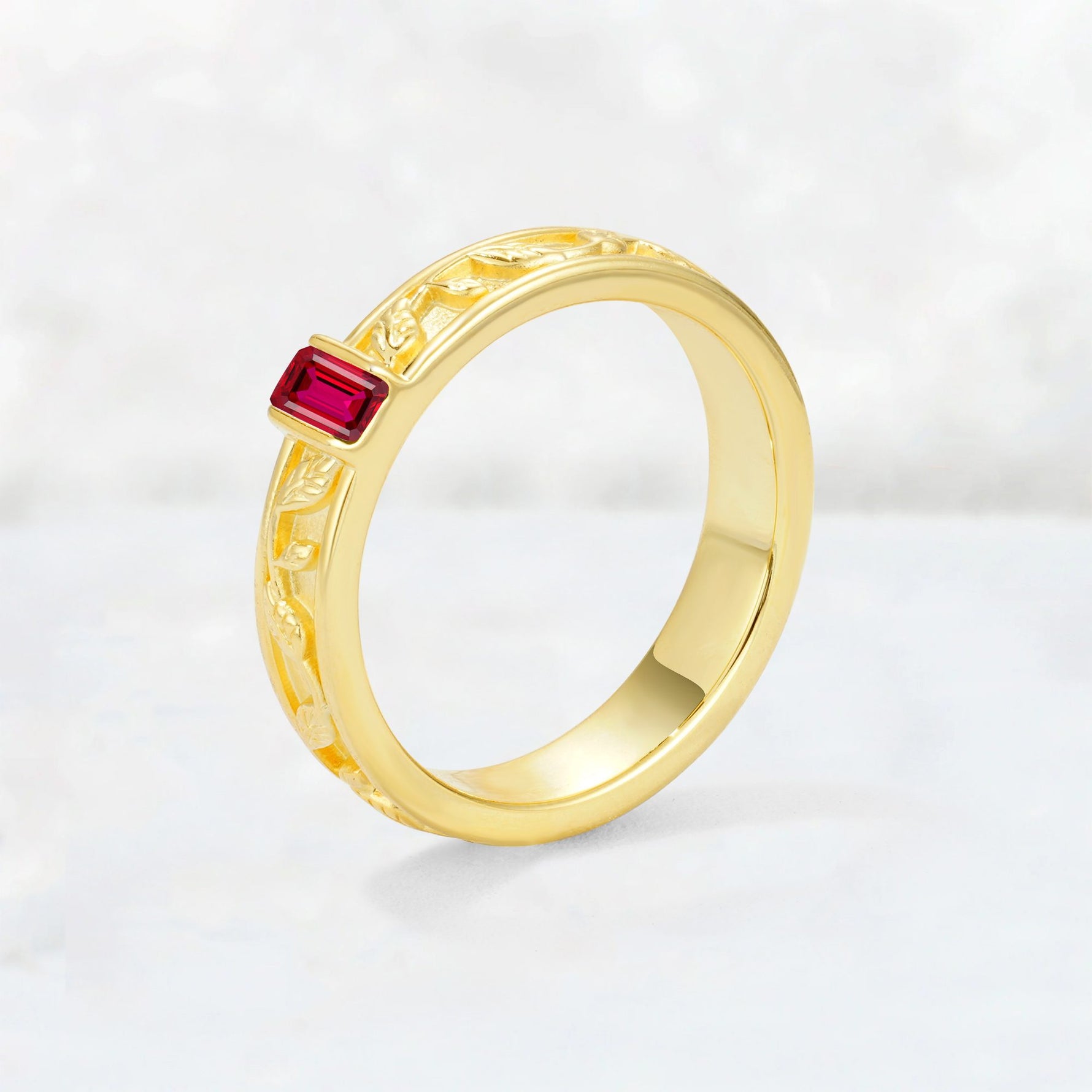 Emerald Cut Ruby Bezel-Set Leaf Engraved Wedding Band - Additional view