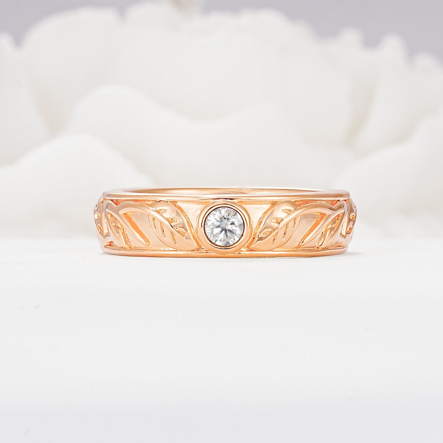Vintage Round Cut Bezel Set Engraved Moissanite Wedding Band - Additional view