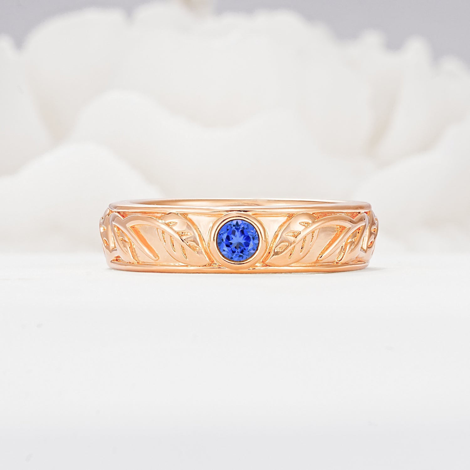 Vintage Round Cut Bezel Set Engraved Sapphire Wedding Band - Additional view