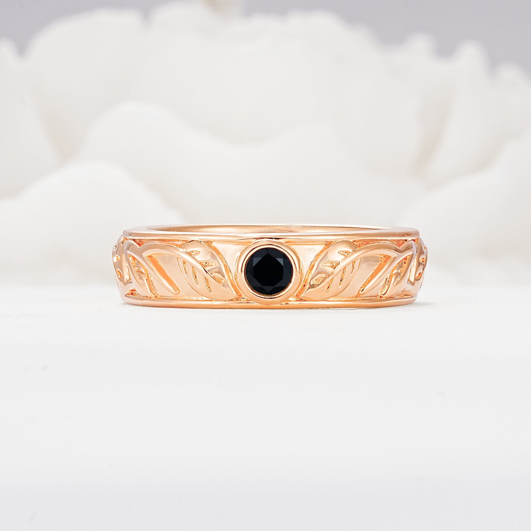 Vintage Round Cut Bezel Set Engraved Black Onyx Wedding Band - Additional view