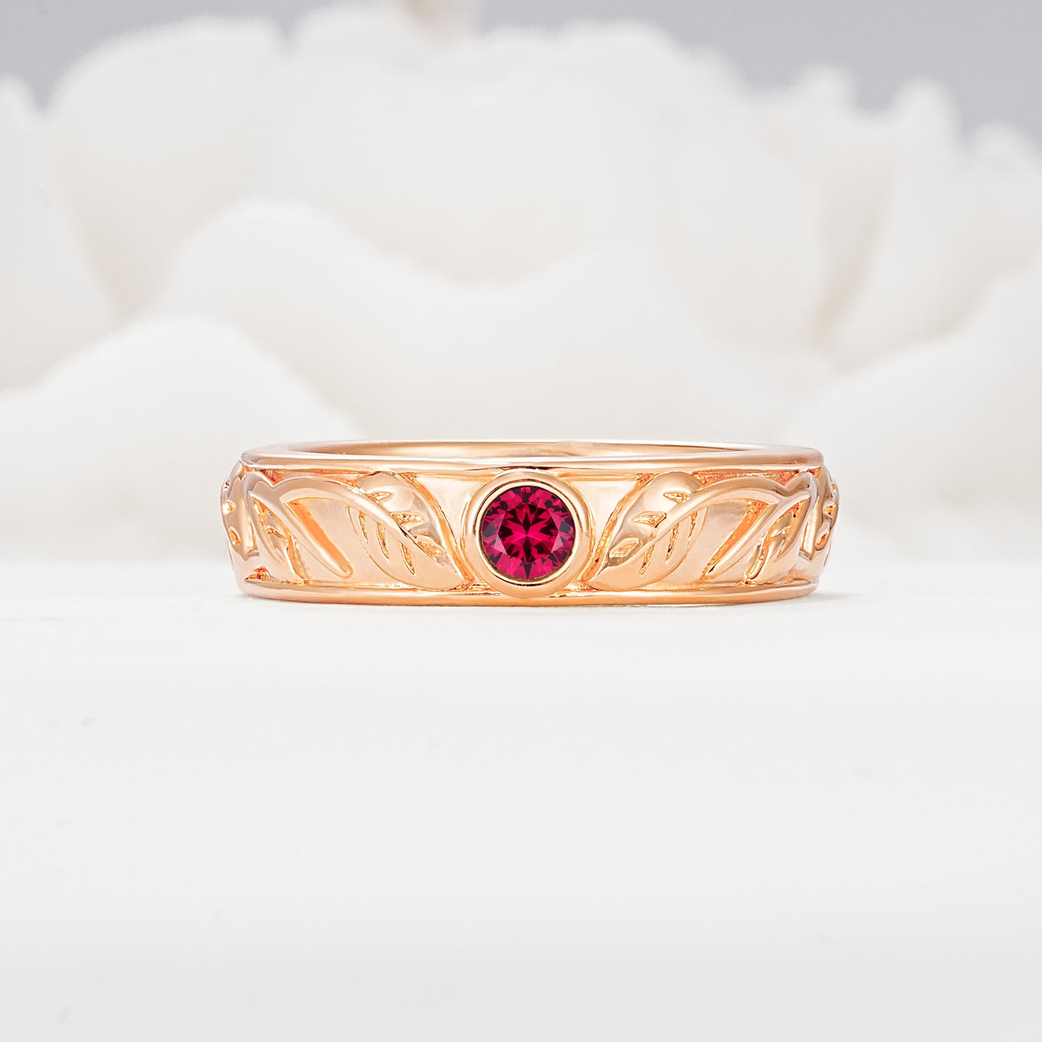 Vintage Round Cut Bezel Set Engraved Ruby Wedding Band
