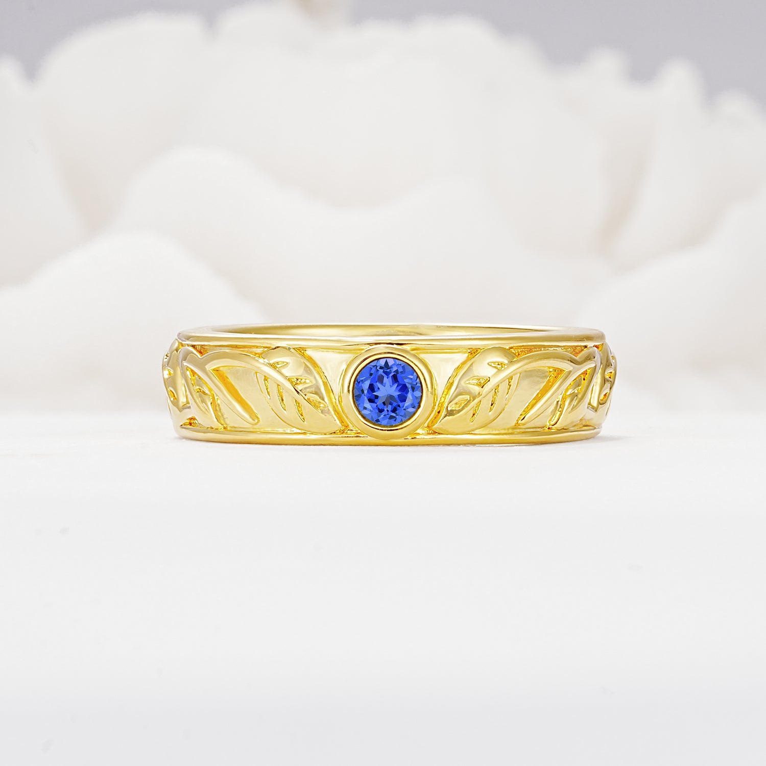 Vintage Round Cut Bezel Set Engraved Sapphire Wedding Band