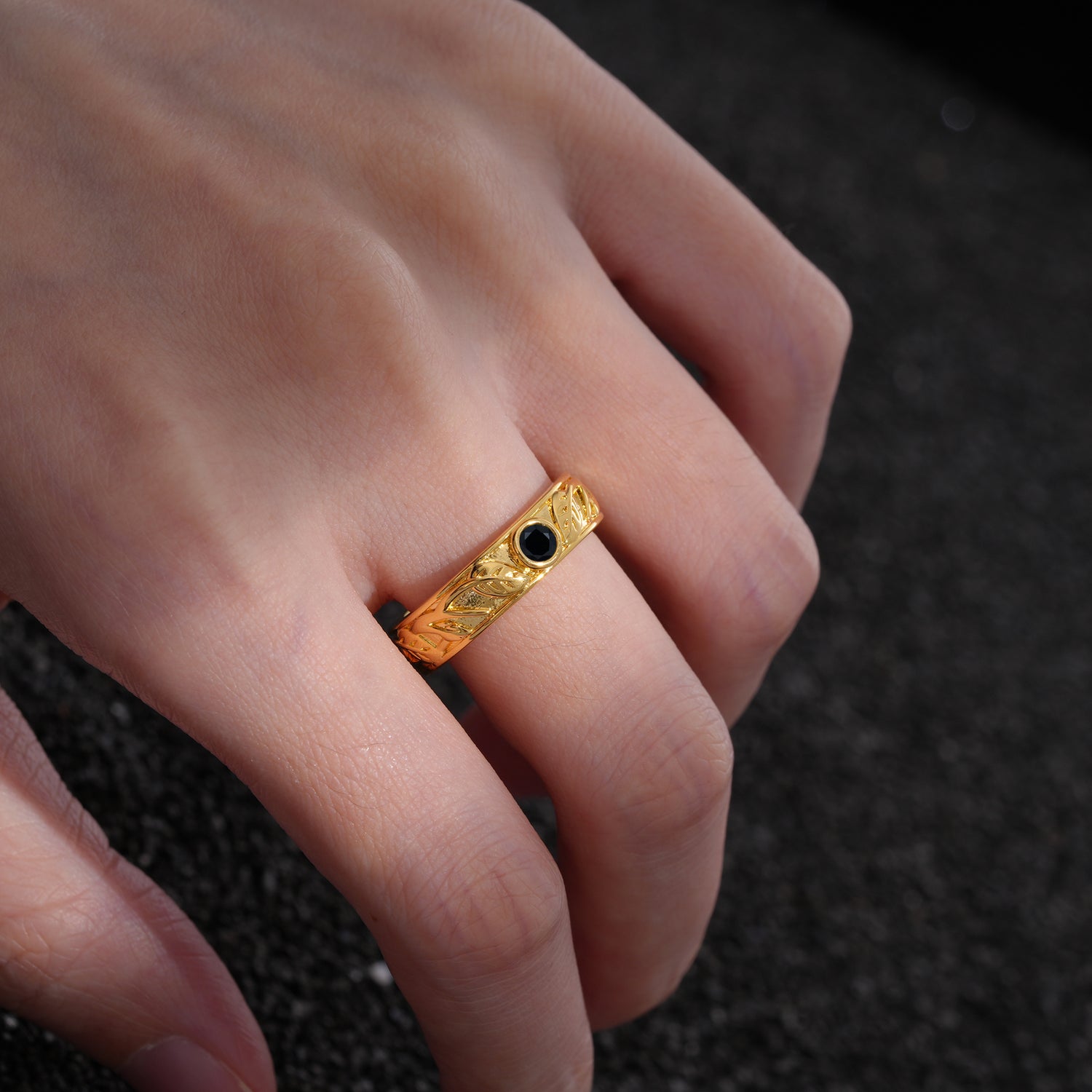 Vintage Round Cut Bezel Set Engraved Black Onyx Wedding Band