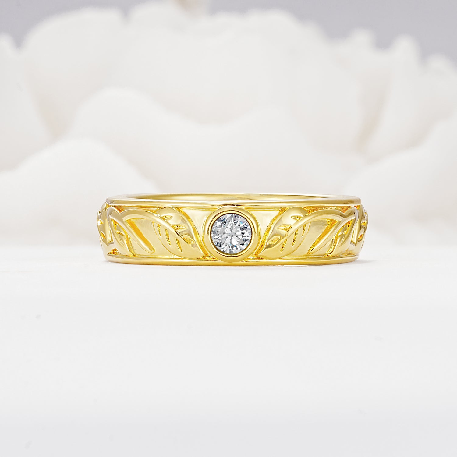 Vintage Round Cut Bezel Set Engraved Lab Diamond Wedding Band
