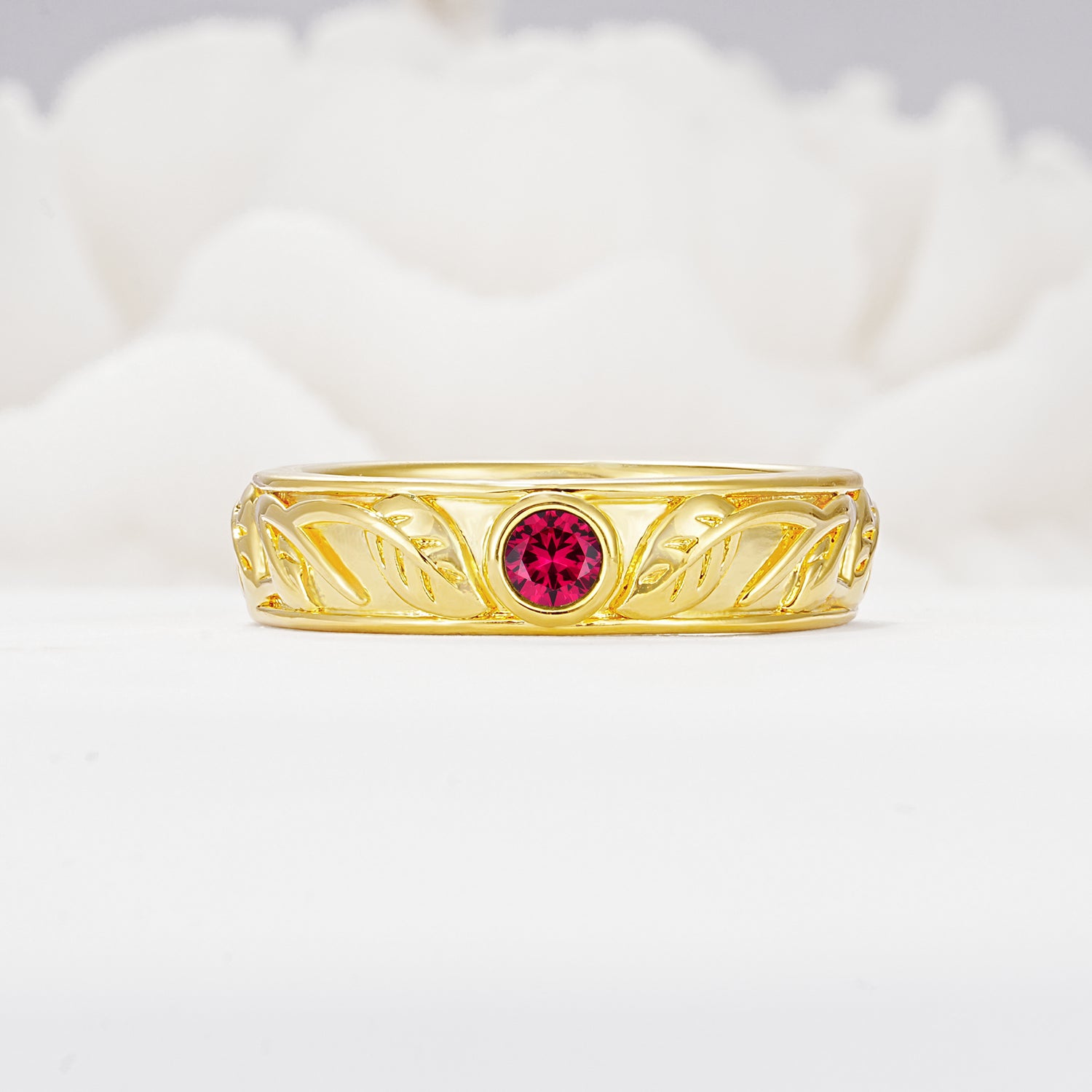 Vintage Round Cut Bezel Set Engraved Ruby Wedding Band