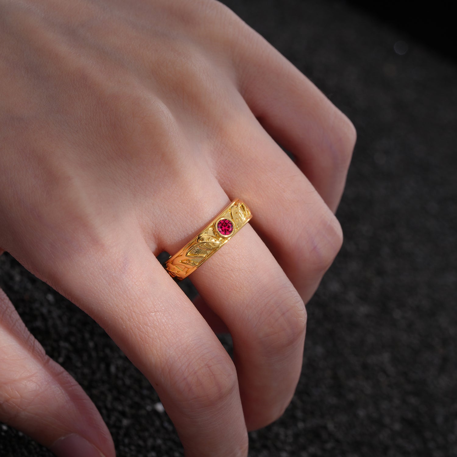 Vintage Round Cut Bezel Set Engraved Ruby Wedding Band