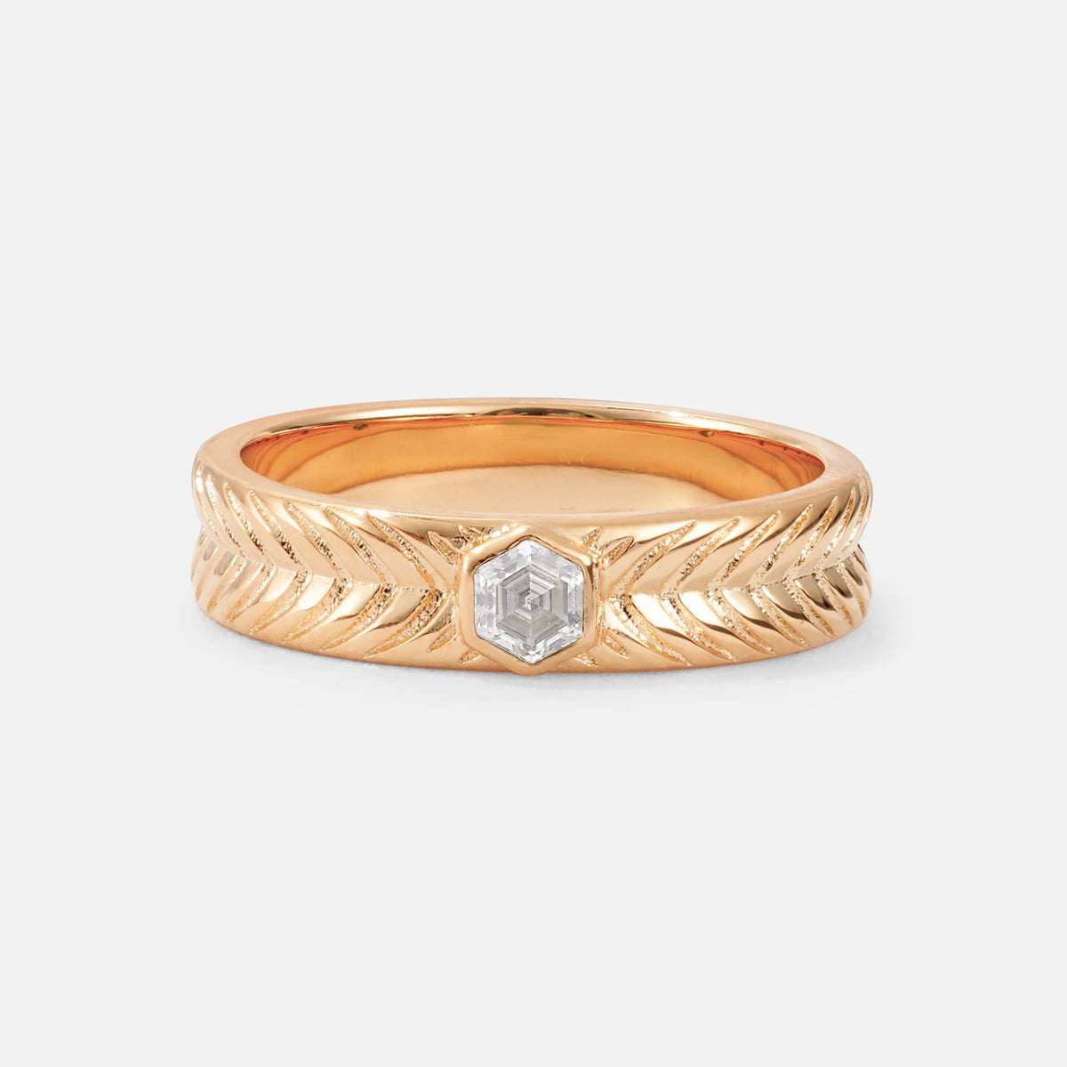 Hexagon Cut Moissanite Men’s Wedding Band with Chevron Engraved Detail - Additional view