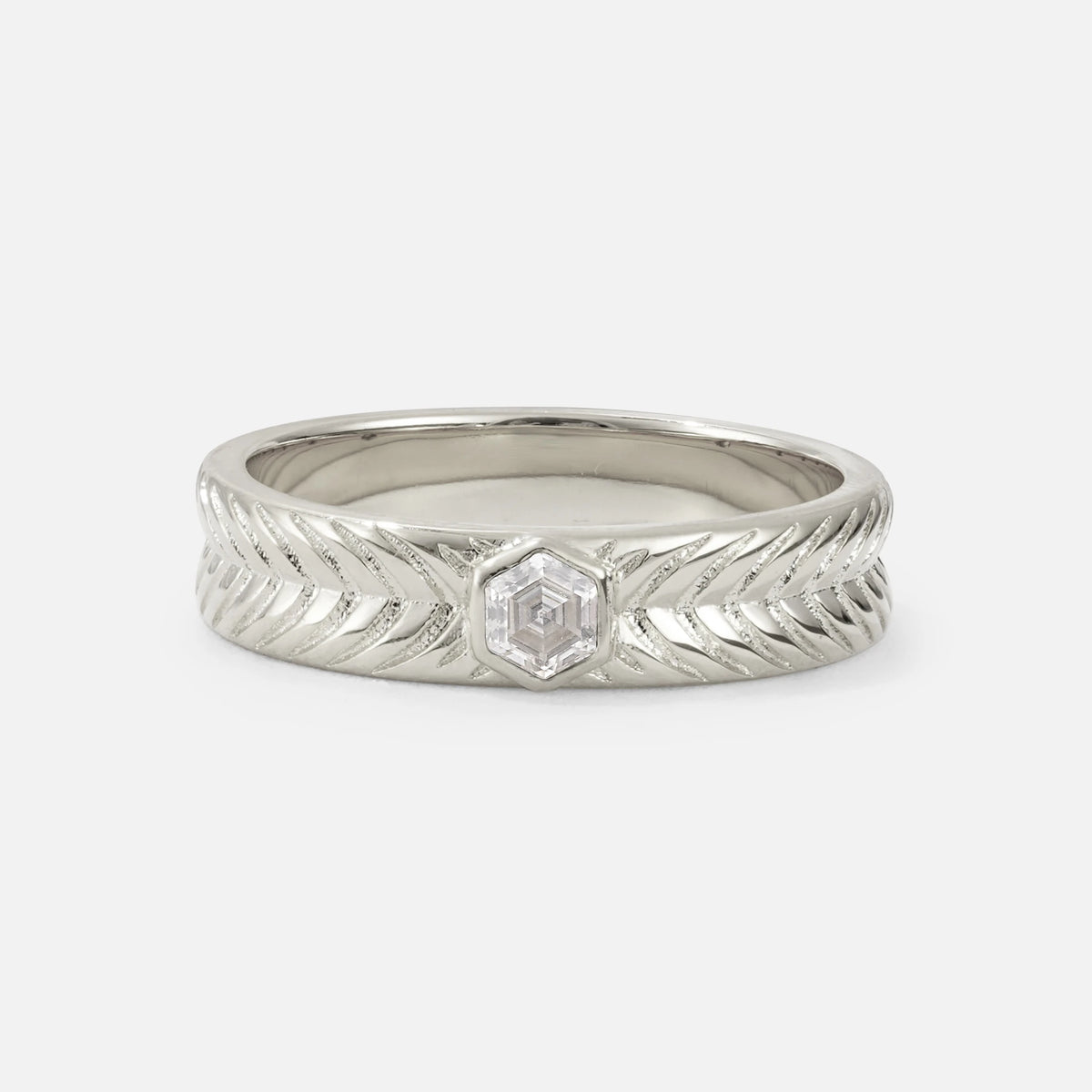Hexagon Cut Moissanite Men’s Wedding Band with Chevron Engraved Detail - Additional view