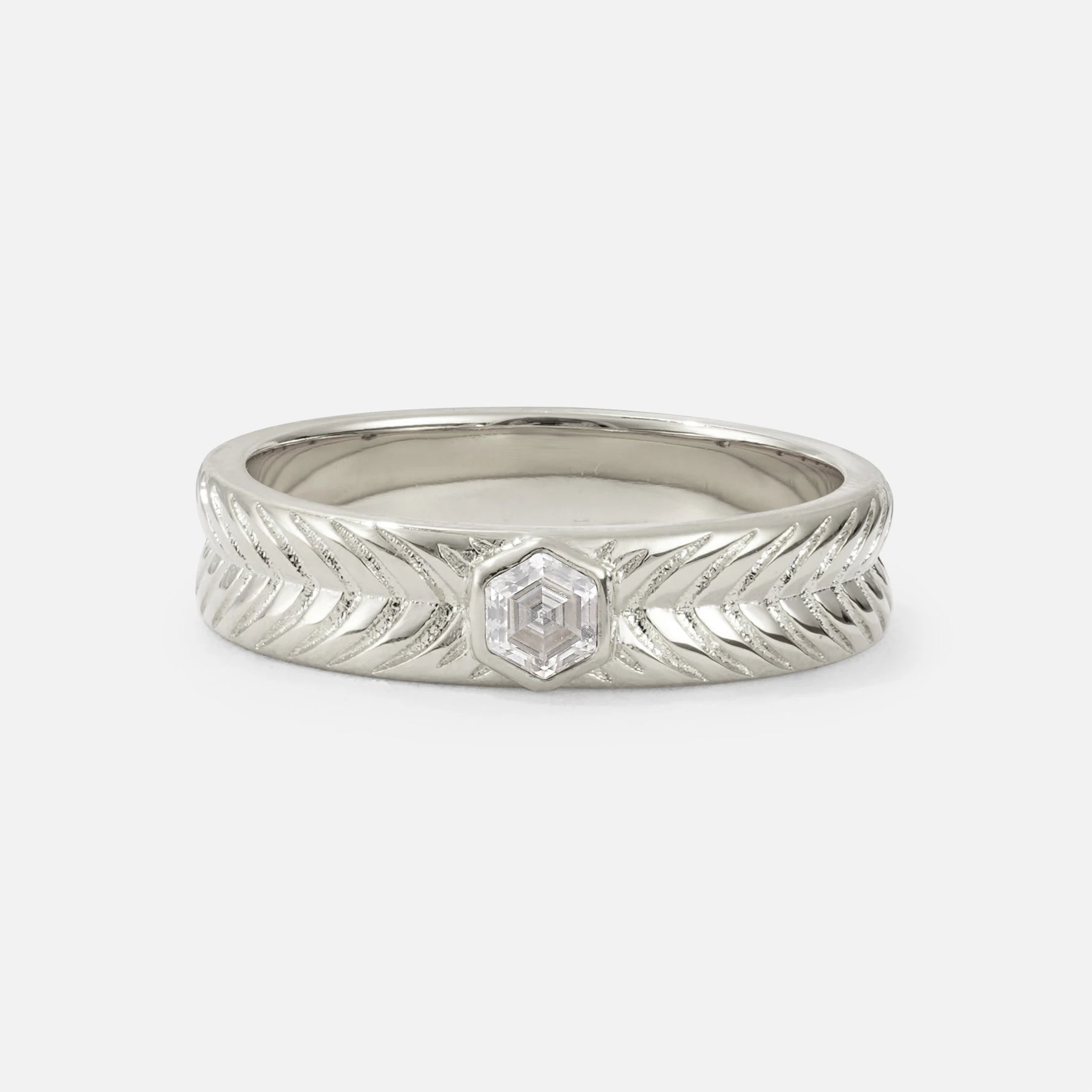 Hexagon Cut Moissanite Men’s Wedding Band with Chevron Engraved Detail - Additional view