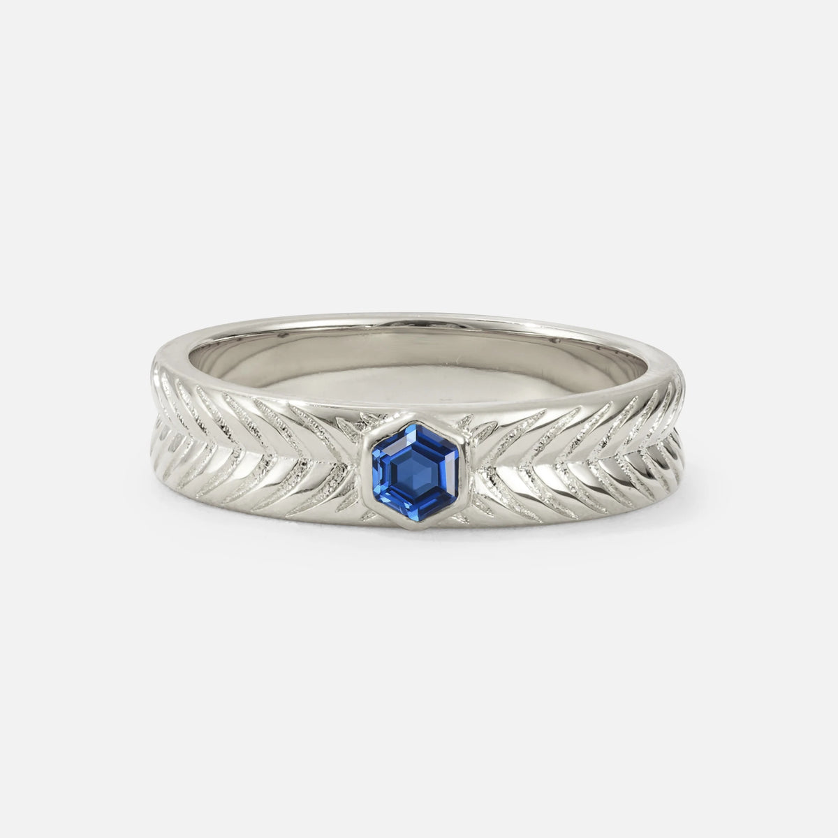 Hexagon Cut Sapphire Men’s Wedding Band with Chevron Engraved Detail - Additional view