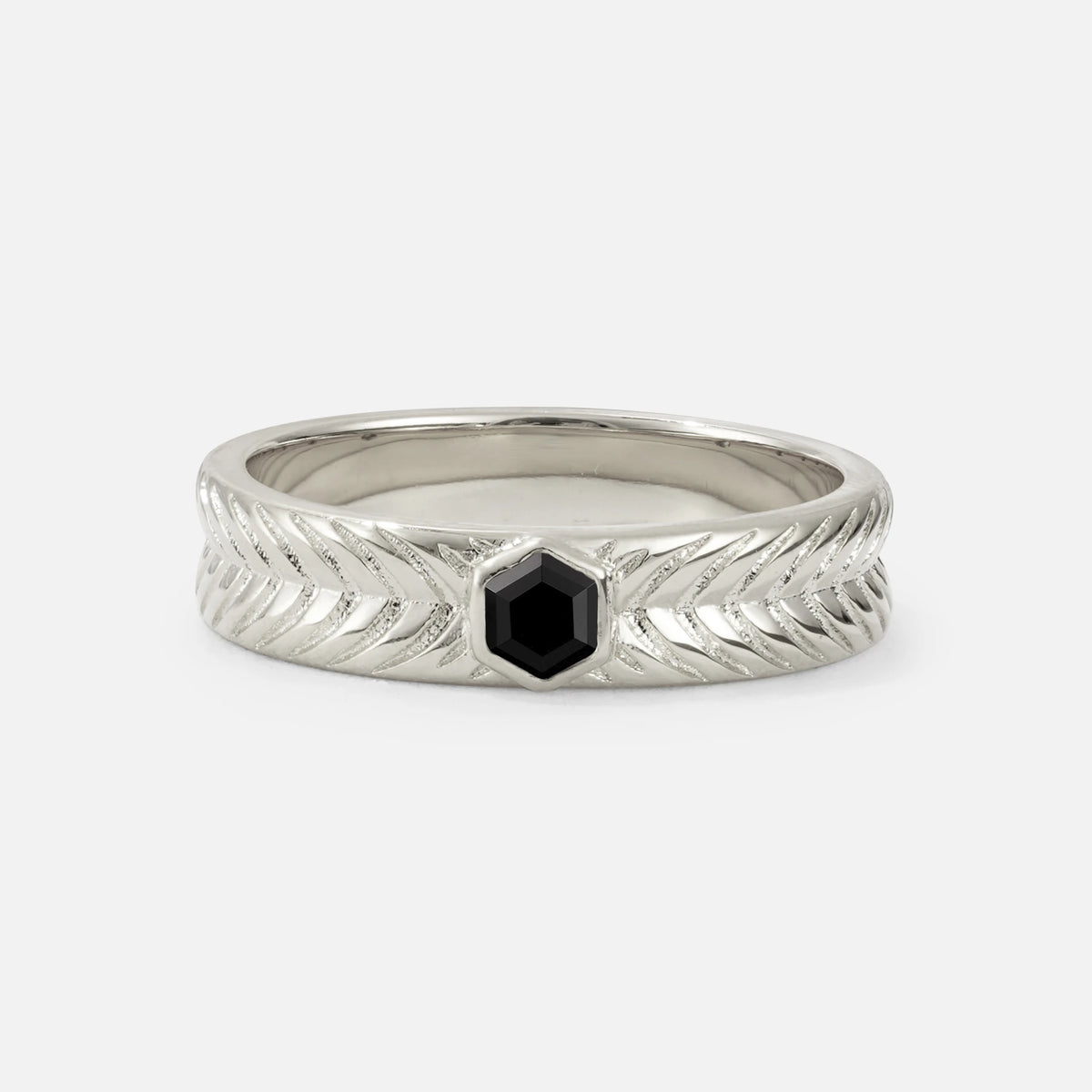 Hexagon Cut Black Onyx Men’s Wedding Band with Chevron Engraved Detail - Additional view