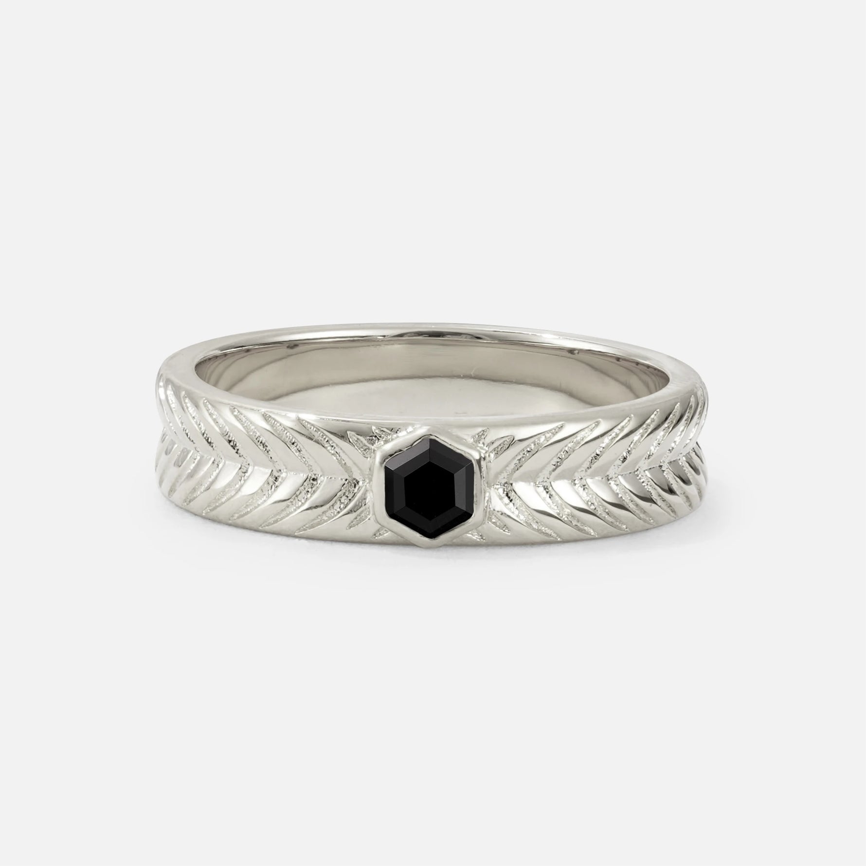 Hexagon Cut Black Onyx Men’s Wedding Band with Chevron Engraved Detail - Additional view