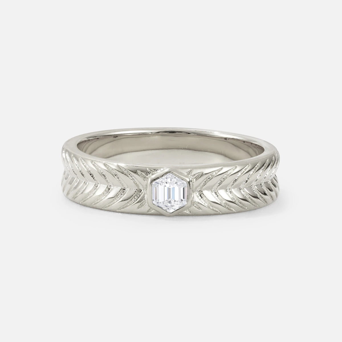 Hexagon Cut Lab Diamond Men’s Wedding Band with Chevron Engraved Detail - Additional view