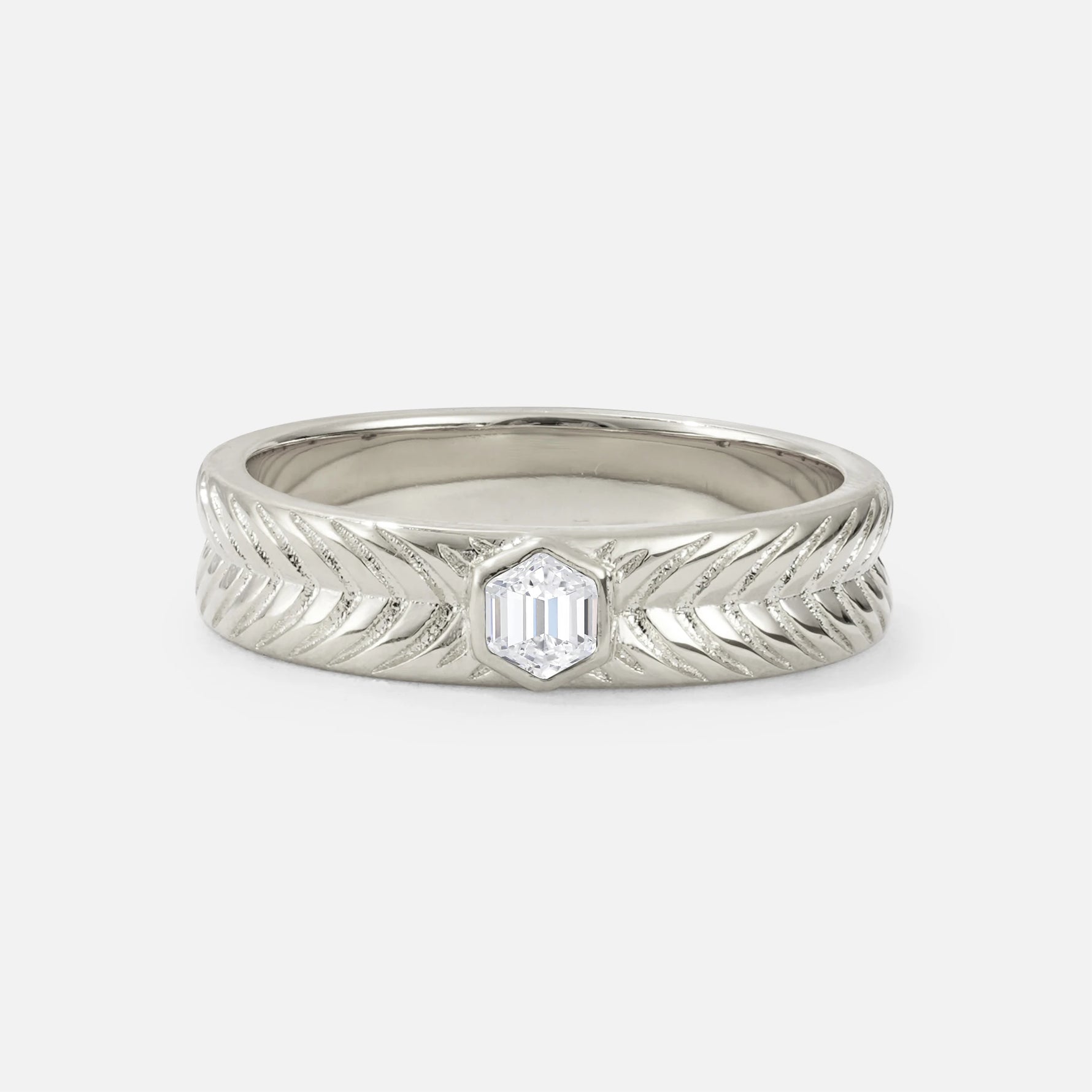 Hexagon Cut Lab Diamond Men’s Wedding Band with Chevron Engraved Detail - Additional view