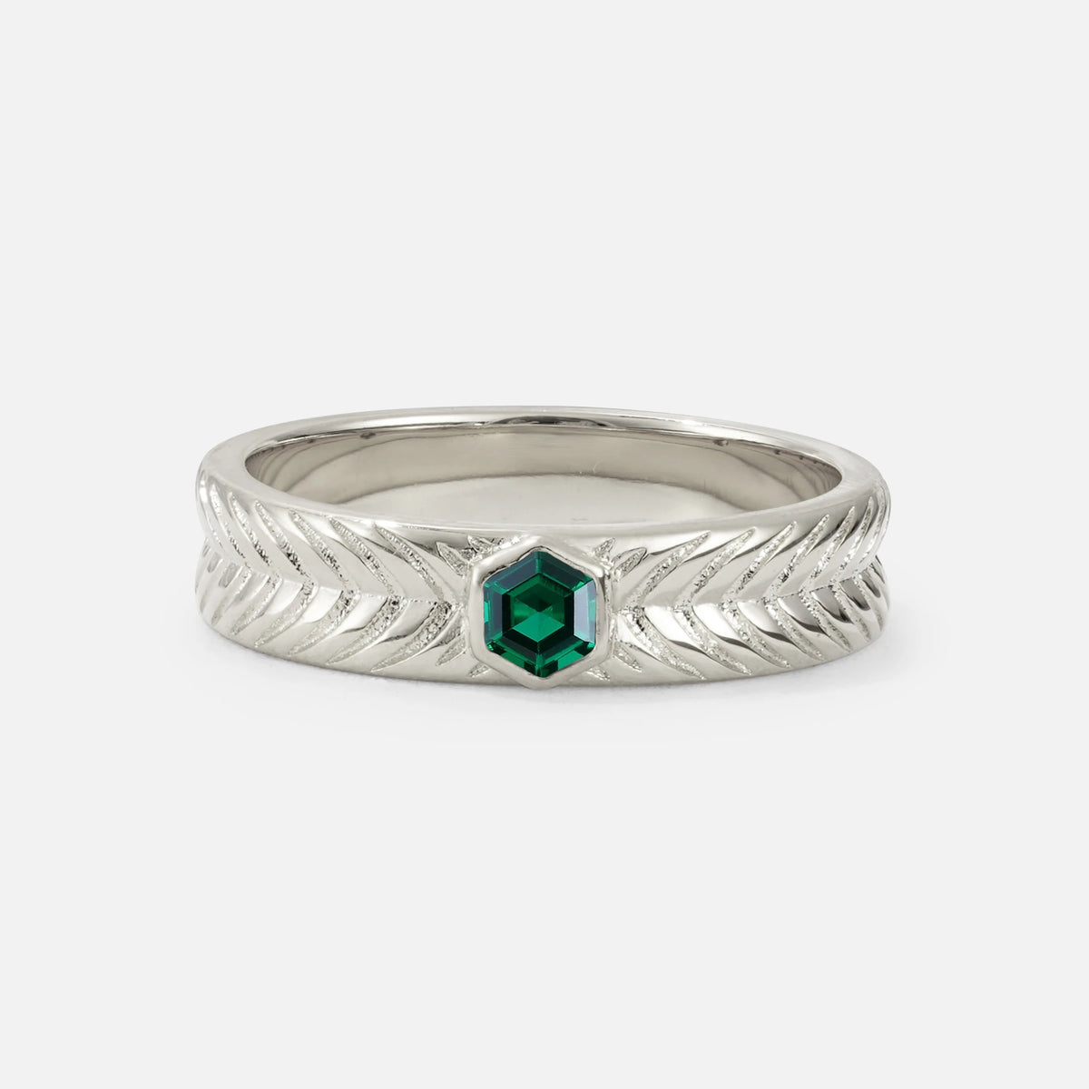 Hexagon Cut Emerald Men’s Wedding Band with Chevron Engraved Detail - Additional view