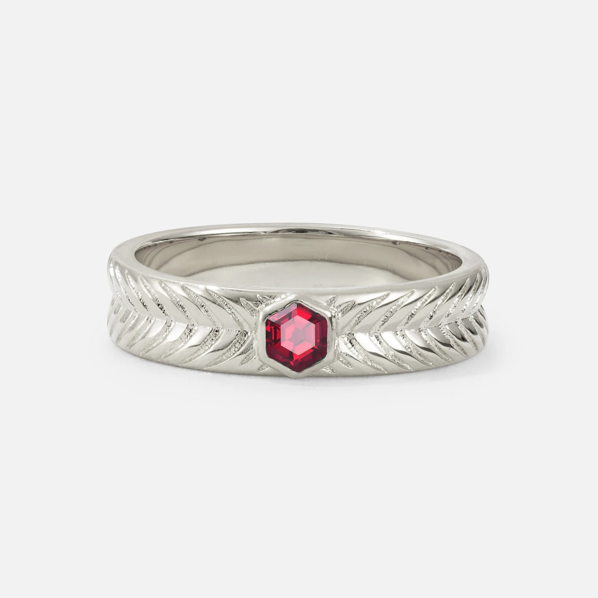 Hexagon Cut Ruby Men’s Wedding Band with Chevron Engraved Detail - Additional view