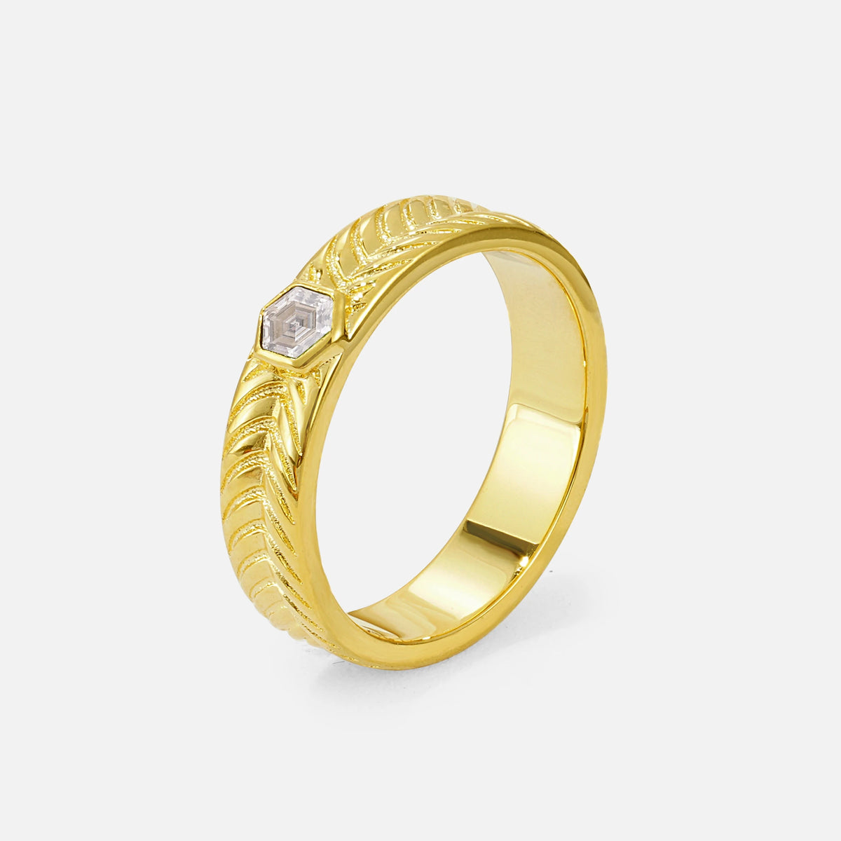Hexagon Cut Moissanite Men’s Wedding Band with Chevron Engraved Detail - Additional view