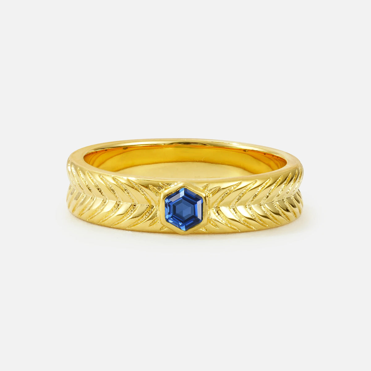 Hexagon Cut Sapphire Men’s Wedding Band with Chevron Engraved Detail - Additional view