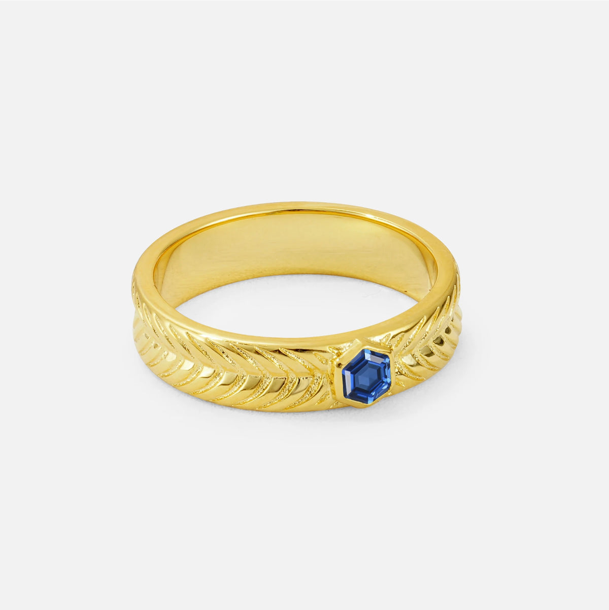 Hexagon Cut Sapphire Men’s Wedding Band with Chevron Engraved Detail - Additional view