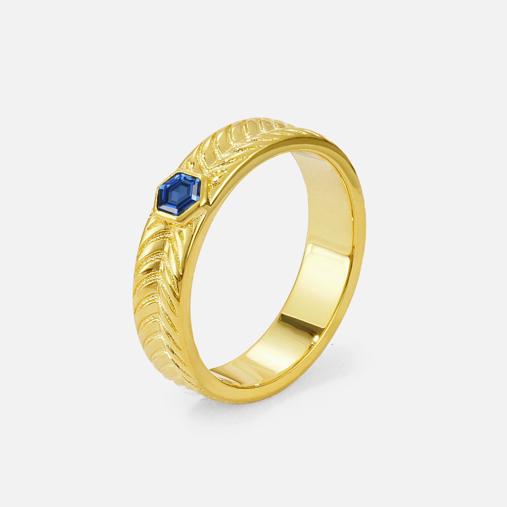 Hexagon Cut Sapphire Men’s Wedding Band with Chevron Engraved Detail - Additional view