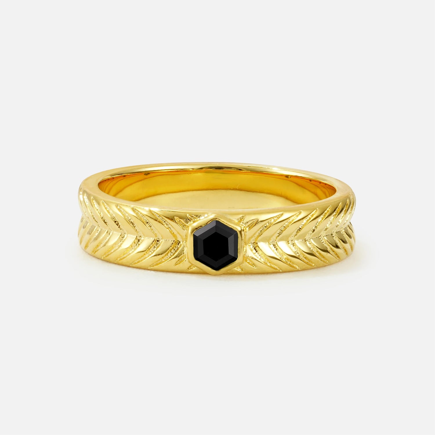 Hexagon Cut Black Onyx Men’s Wedding Band with Chevron Engraved Detail - Additional view