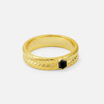Hexagon Cut Black Onyx Men’s Wedding Band with Chevron Engraved Detail - Additional view