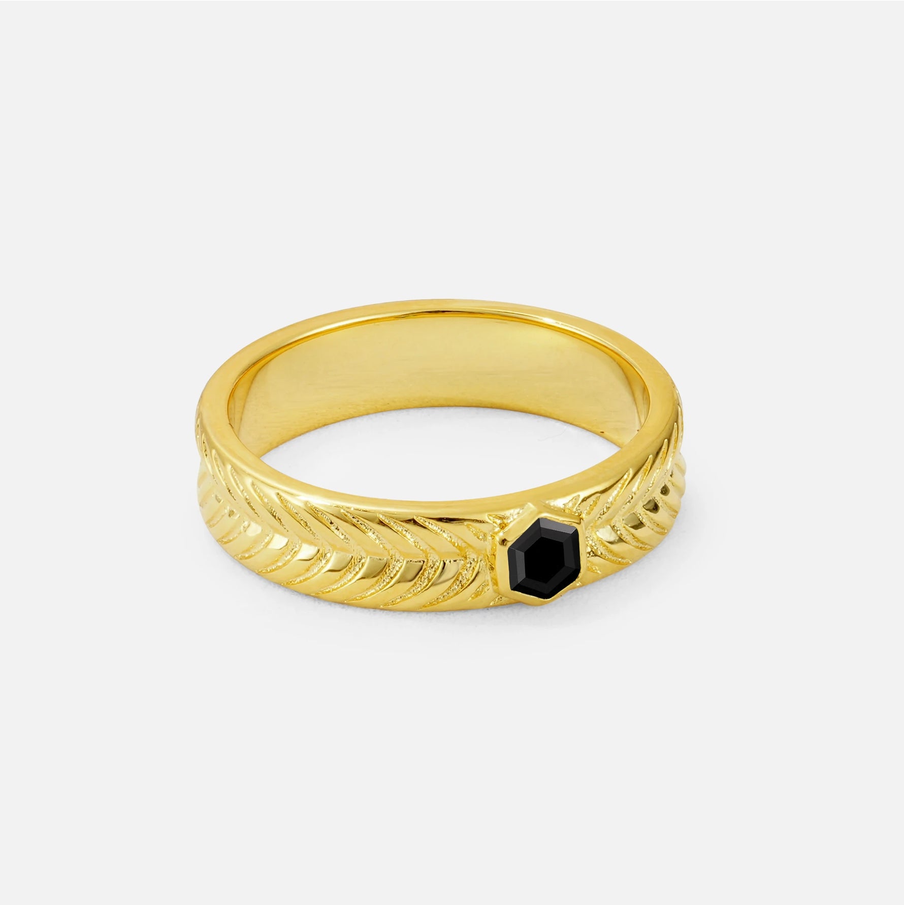 Hexagon Cut Black Onyx Men’s Wedding Band with Chevron Engraved Detail - Additional view