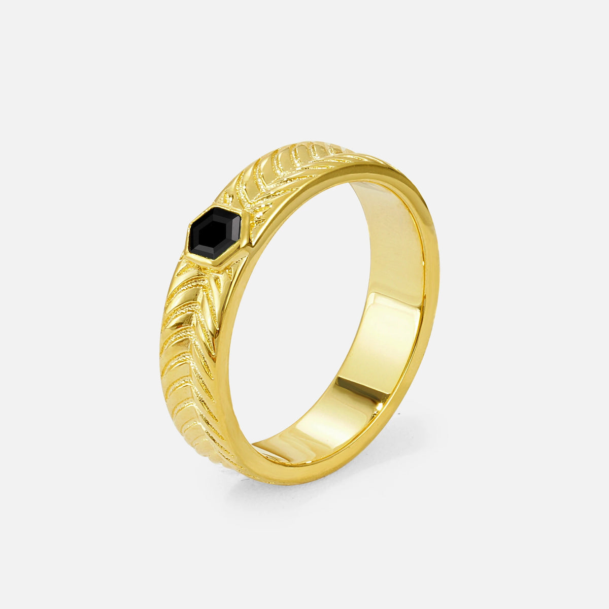 Hexagon Cut Black Onyx Men’s Wedding Band with Chevron Engraved Detail - Additional view