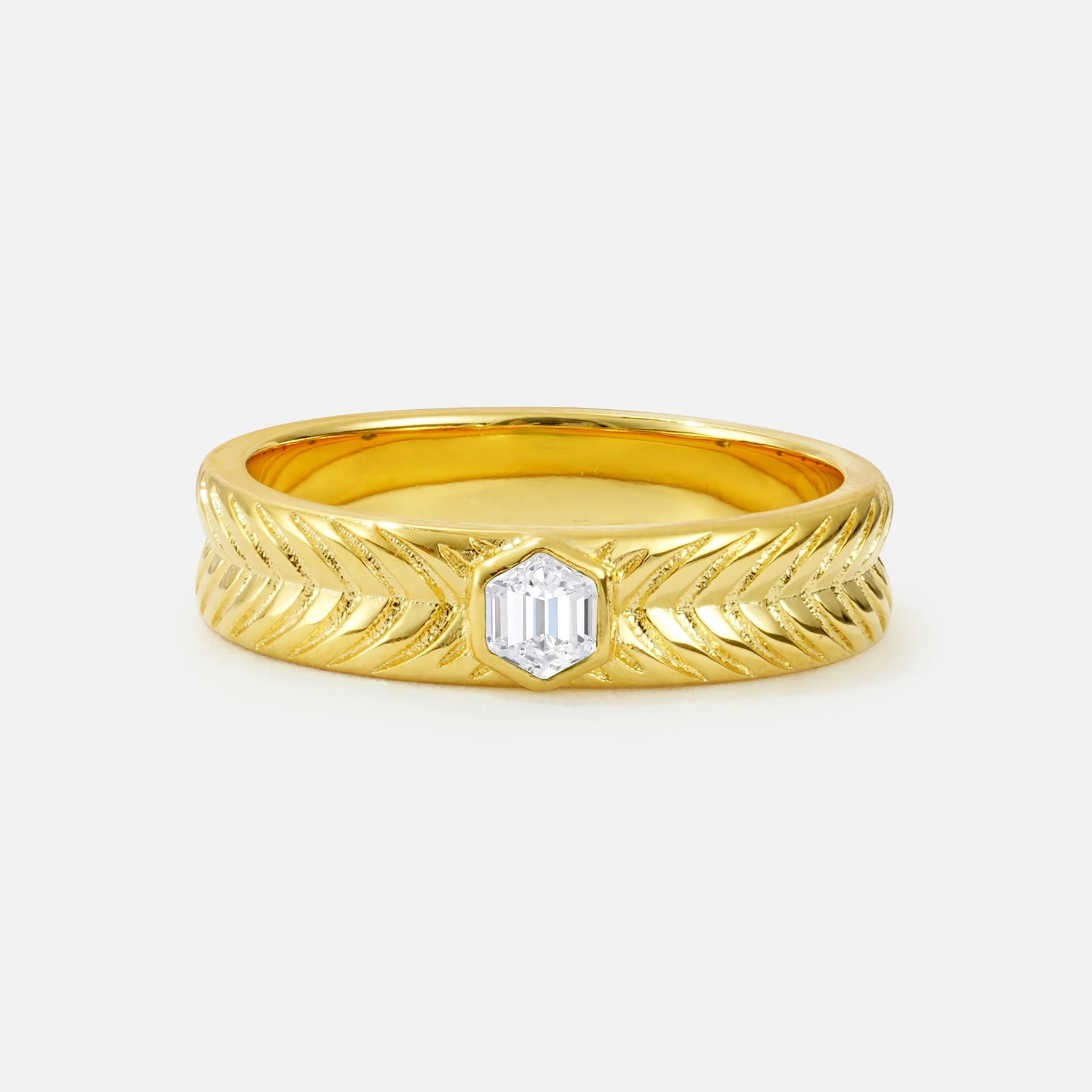Hexagon Cut Lab Diamond Men’s Wedding Band with Chevron Engraved Detail - Additional view