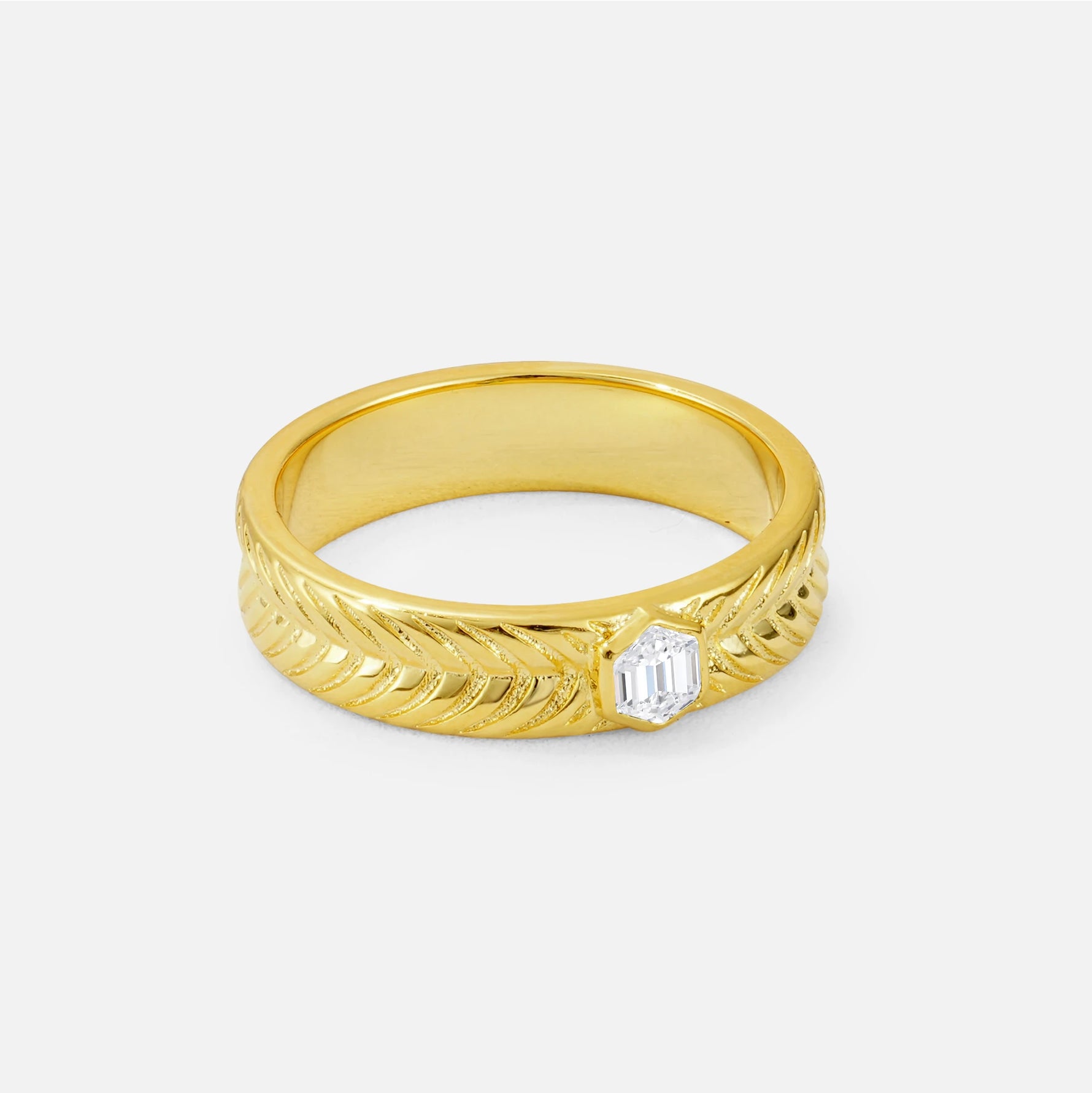 Hexagon Cut Lab Diamond Men’s Wedding Band with Chevron Engraved Detail - Additional view