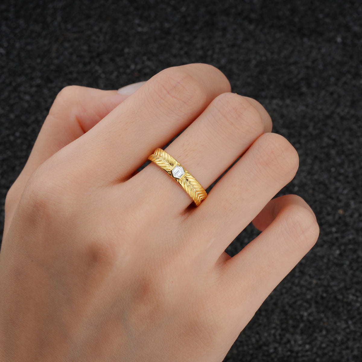 Hexagon Cut Lab Diamond Men’s Wedding Band with Chevron Engraved Detail - Additional view