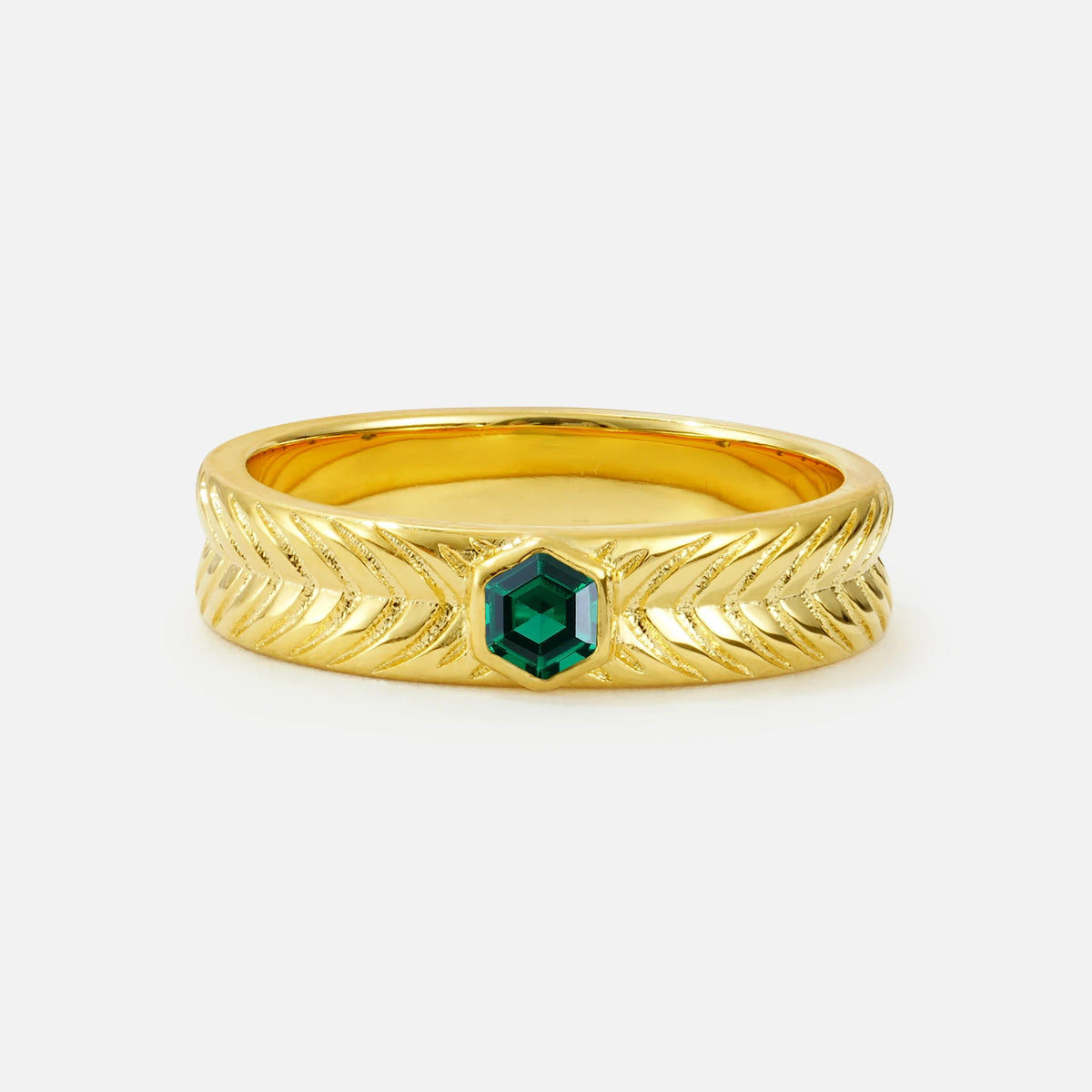 Hexagon Cut Emerald Men’s Wedding Band with Chevron Engraved Detail - Additional view